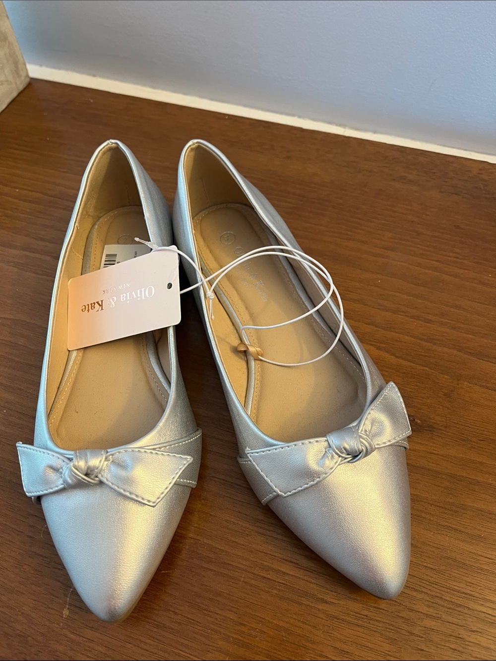 Olivia & Kate Silver Pointed Bow Flats for Women